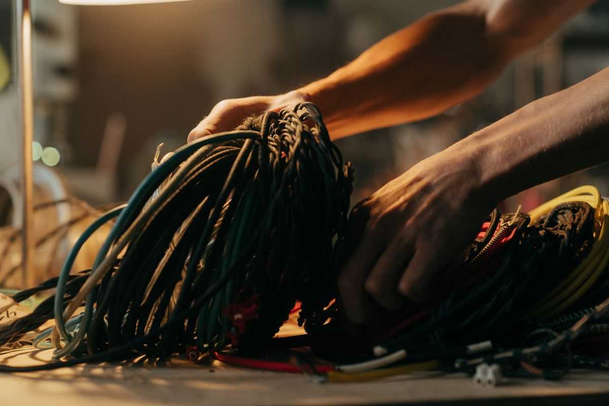 An electrician sorting electrical wires