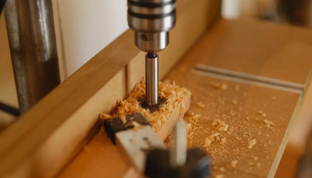 Close-up of a tradesperson driving a screw into a wood beam with a power drill