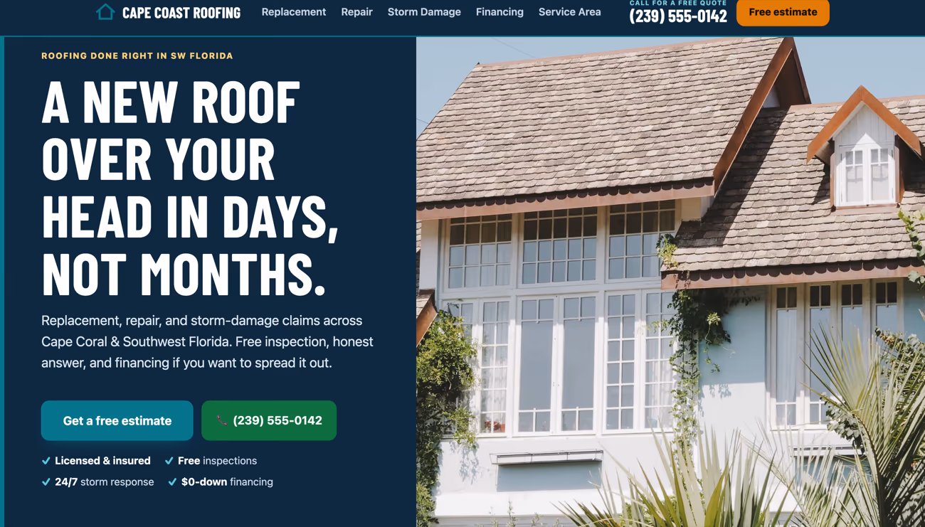 An example roofing website we built, shown in a browser